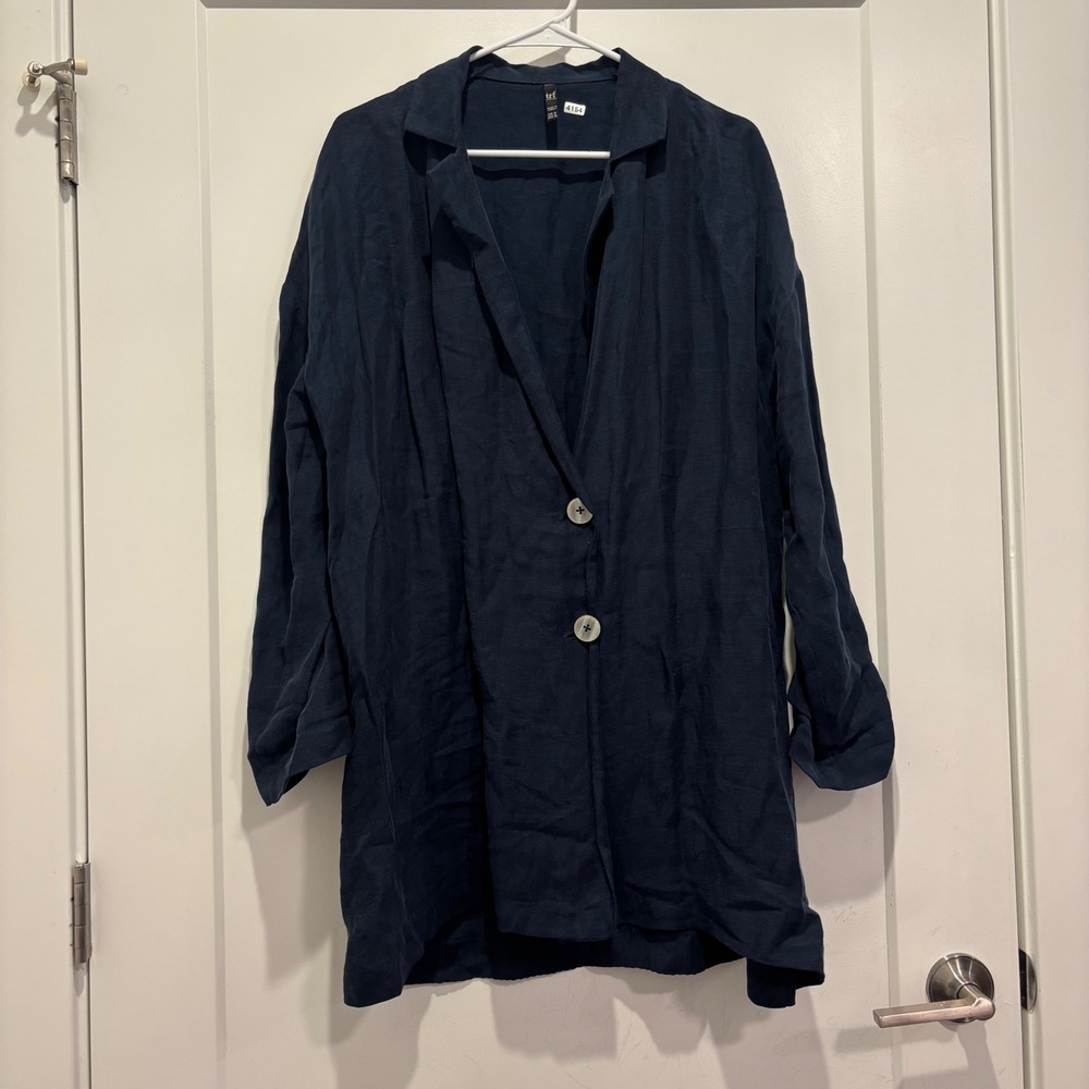 Zara TRF Navy Blue Longline Blazer Jacket Two Button Textured Size Medium